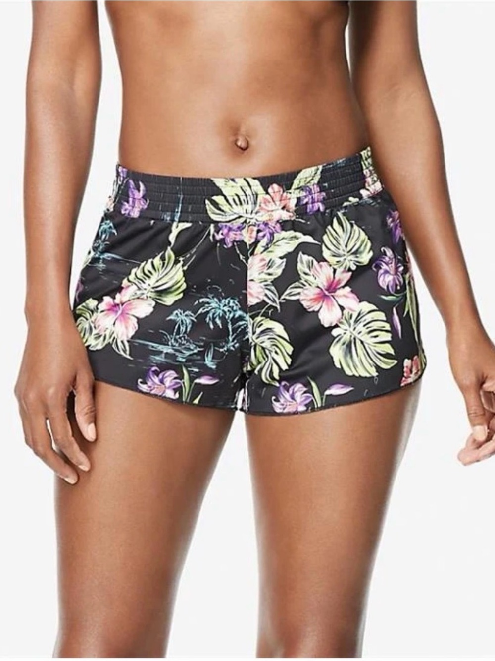 New Speedo Black Tropical Floral Athletic Cover Up Shorts